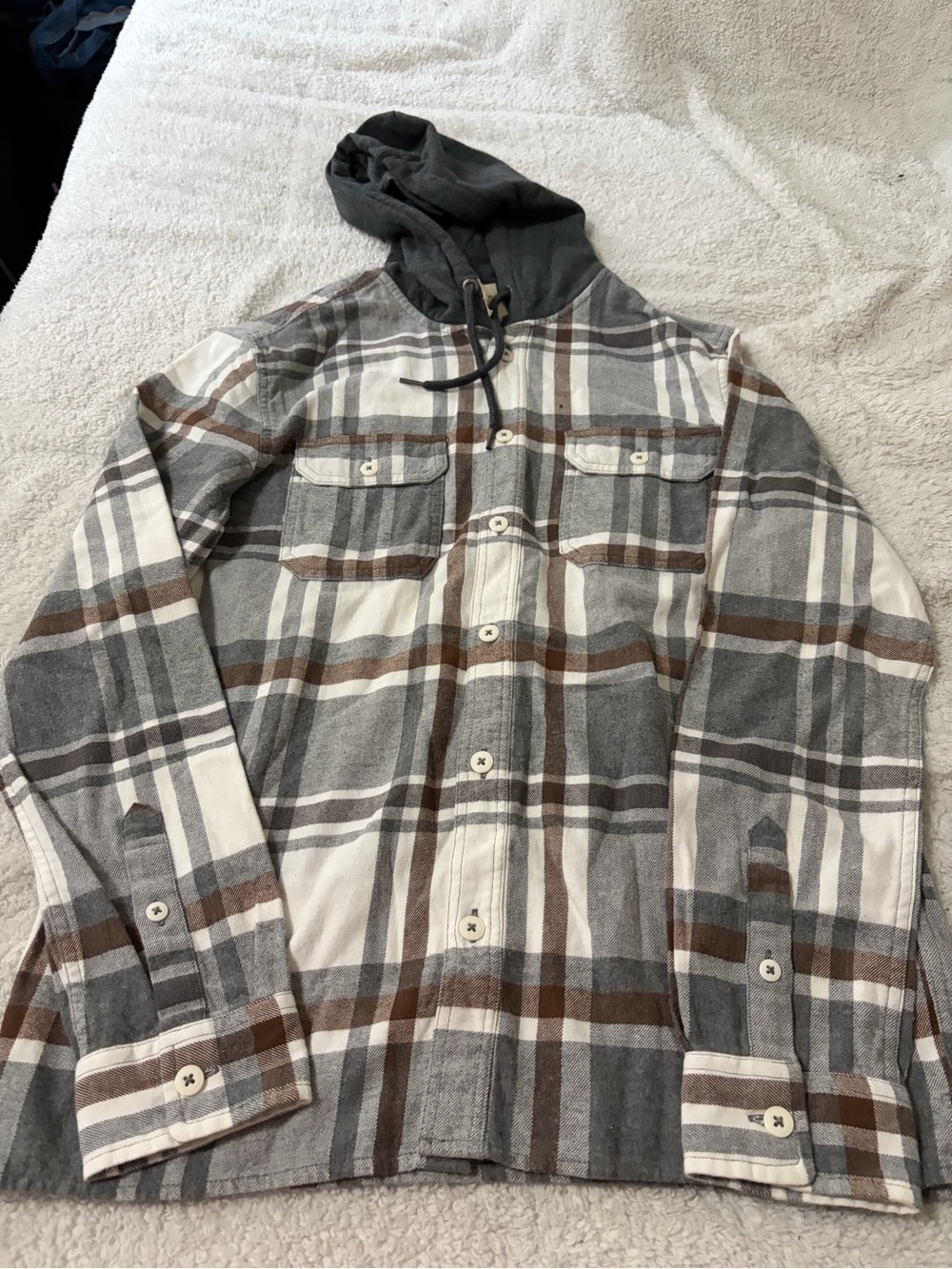 Aeropostale Hooded Plaid Shirt Jacket - Gray, White & Brown